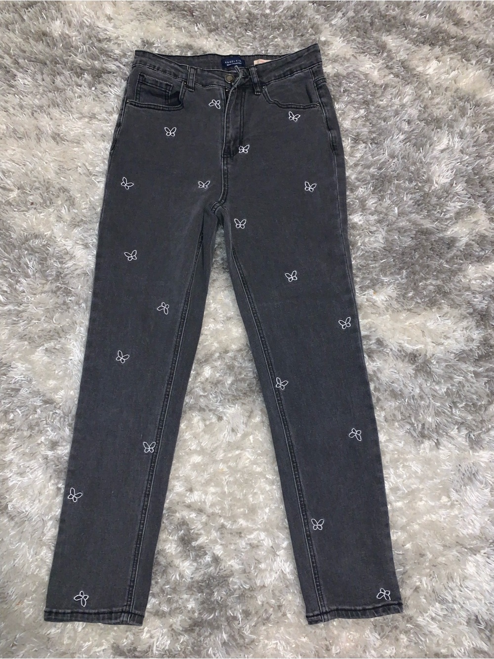 Angel Kiss Black Skinny Jeans with White Butterfly Embroidery